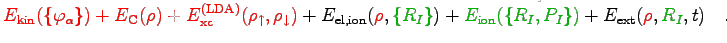 $\displaystyle {\color{red}
E_{\rm kin}(\{\varphi_\alpha\})
+
E_{\rm C}(\rho)
+
...
...}_I,{P}_I\})}
+
E_{\rm ext}({\color{red} \rho},{\color{dgreen} {R}_I},t)
\quad.$